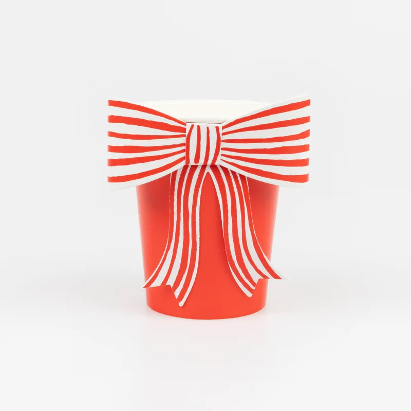 MERI MERI RED & WHITE STRIPY BOW CUPS: 8PC