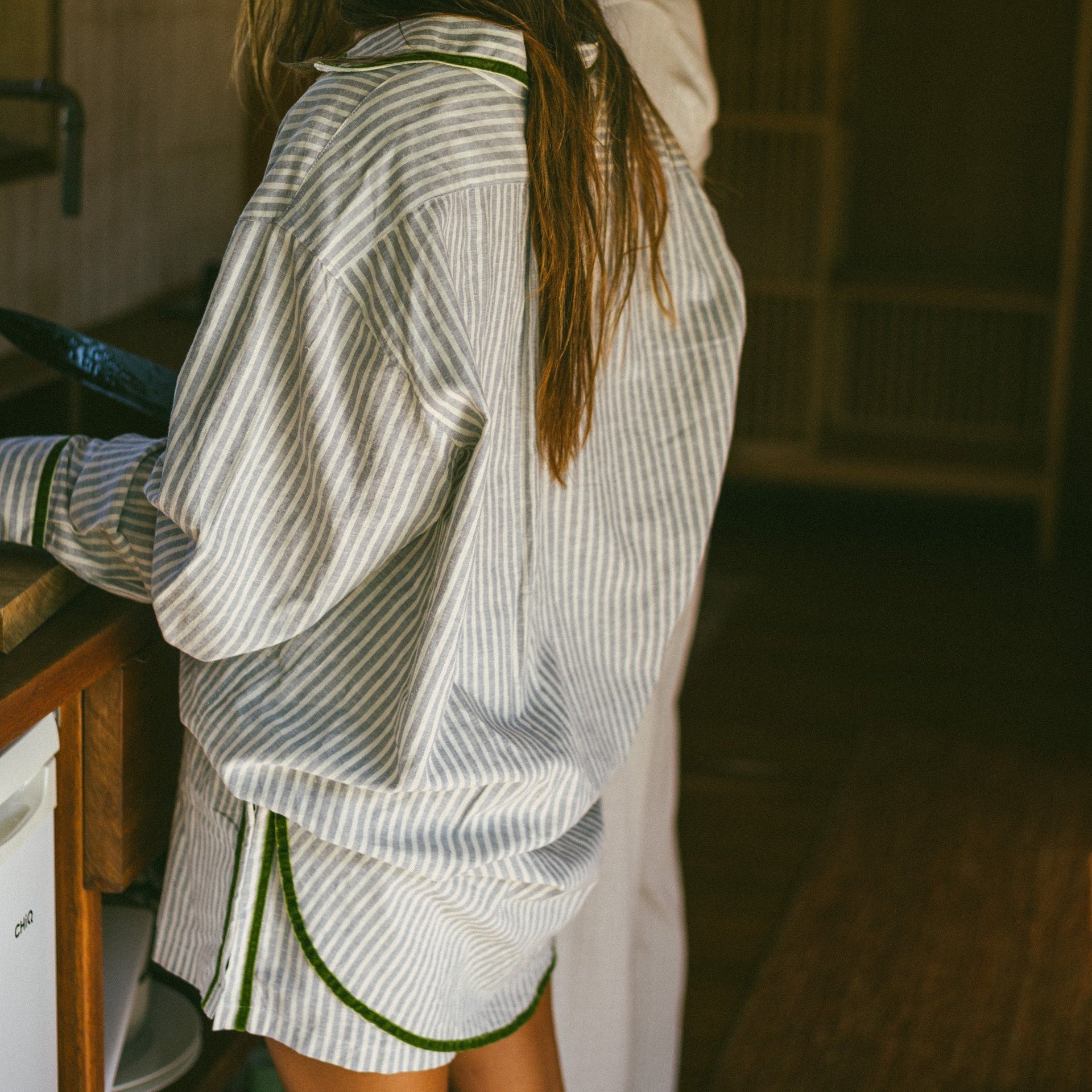 ATMOSEA PJ SHIRT: GREEN STRIPE VELVET