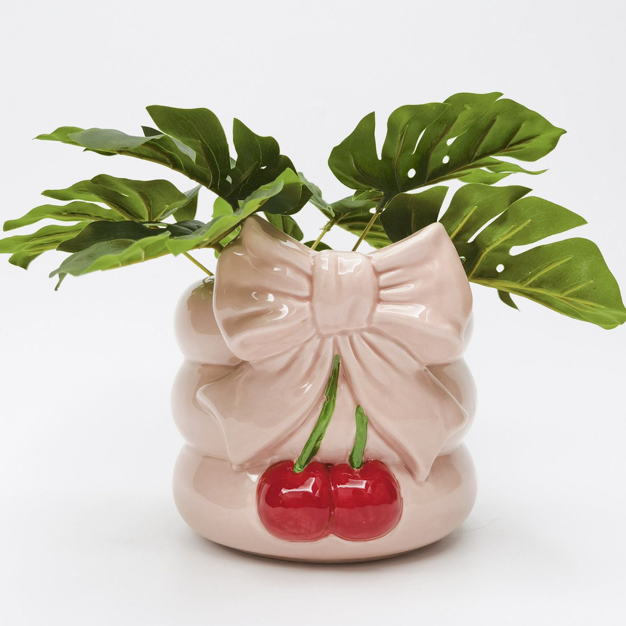 CHERRY BOW PLANTER PINK & RED: 16CM