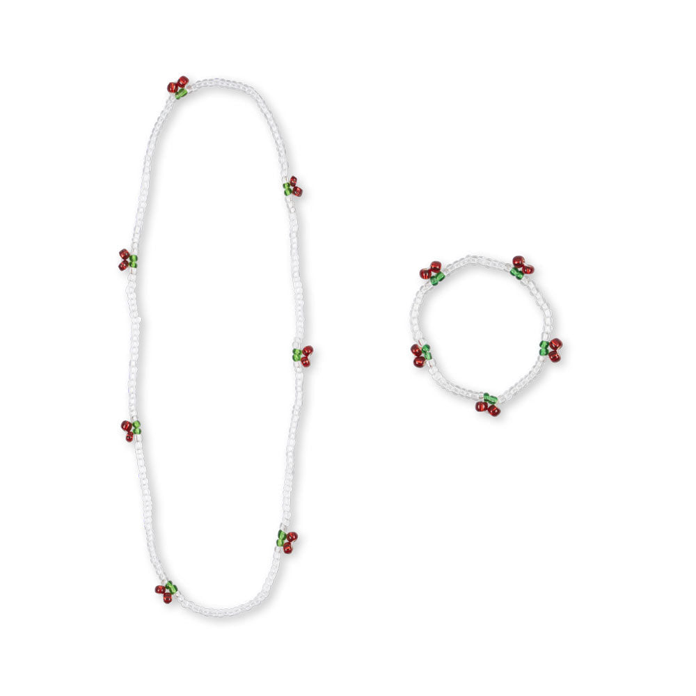 KONGES SLOJD PEARLY CHERRY NECKLACE & BRACELET SET: RED/GLITTER