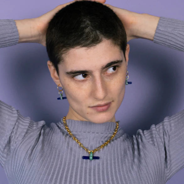 SANDRALEXANDRA T-BAR GLASS MIXED CHAIN NECKLACE: SAGE GREEN & BLUE