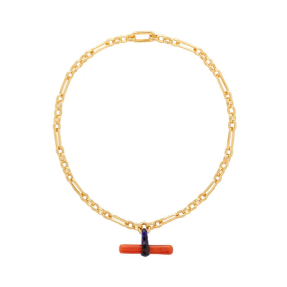 SANDRALEXANDRA T-BAR GLASS MIXED CHAIN NECKLACE: CORAL & BLUE