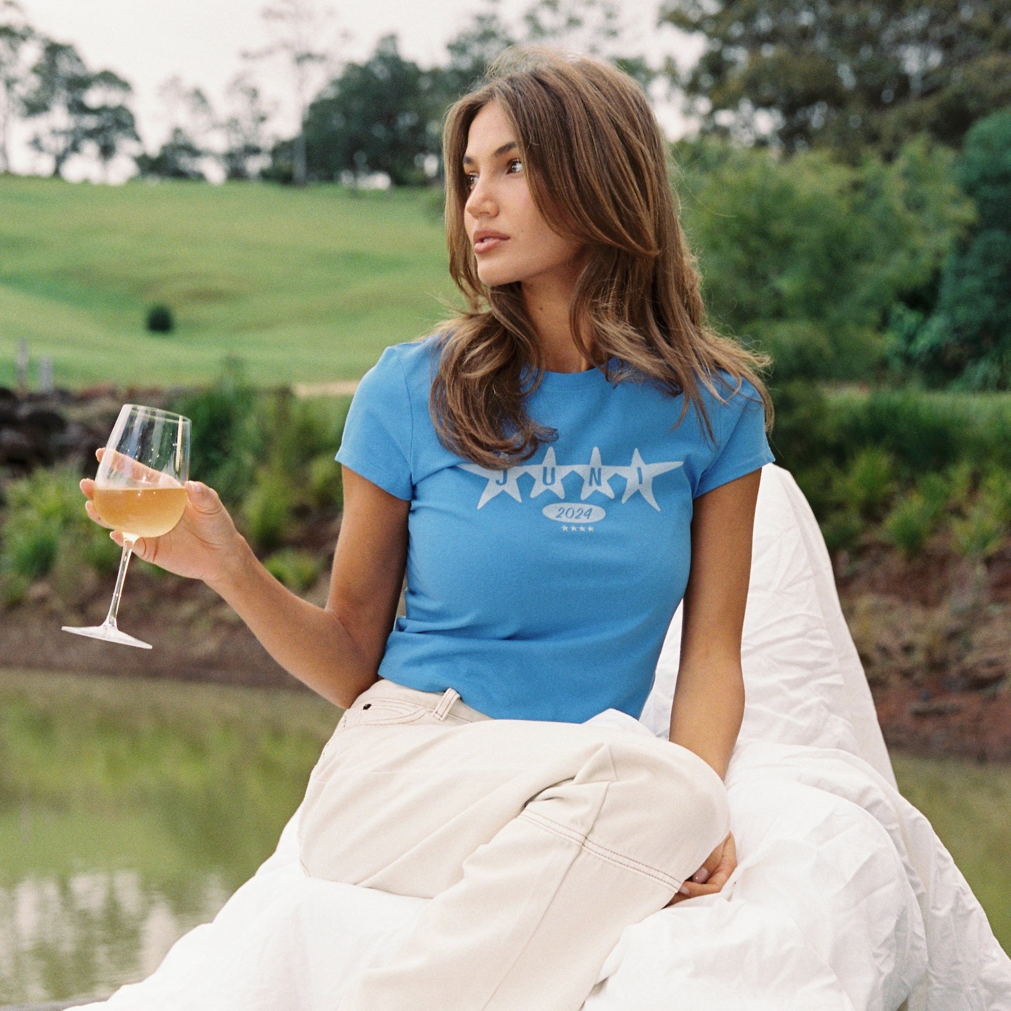 JUNI WOMENS STAR BABY TEE: AZURE
