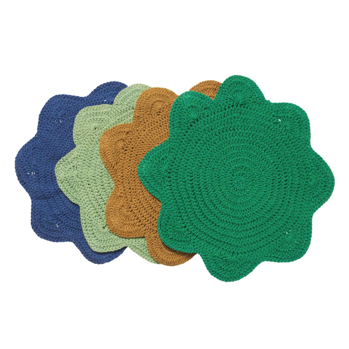 SAGE & CLARE MINETTE CROCHET PLACEMAT: APPLE, GREEN OLIVE, SAGE AND COBALT